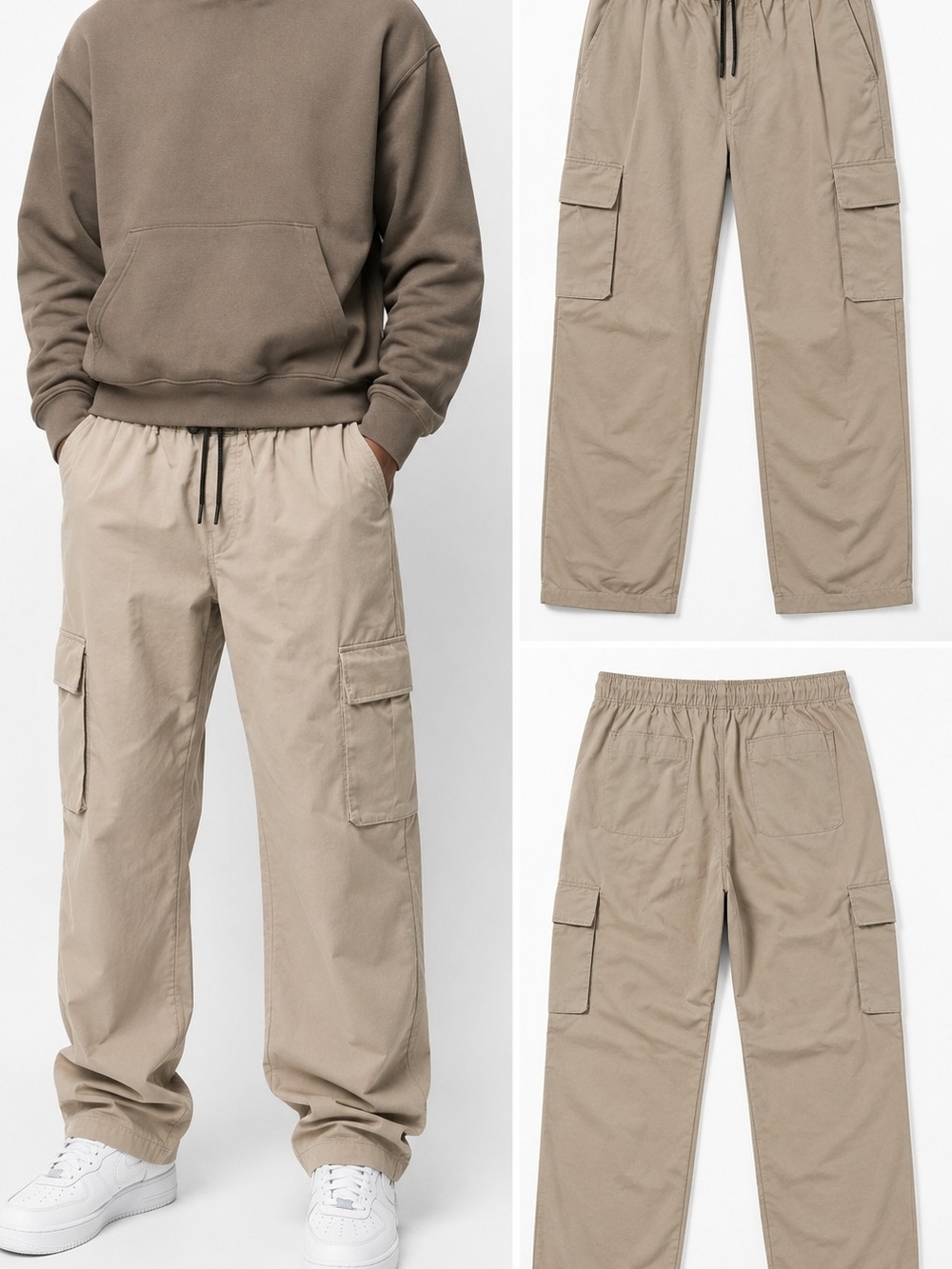 Men's Beige Cargo Pants with Elastic Waist